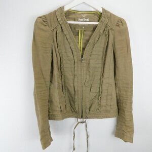 Hei Hei Anthropologie Jacket Women's Size 6 Light Olive Green Linen 1/2 Zip